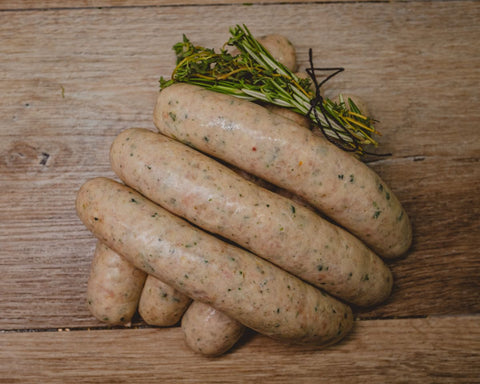 Marsh Butcheries free range chicken spinach and halloumi sausages.