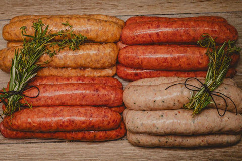 Marsh Butcheries Butcher's Box containing Smokey Bacon & Maple Sausages x 500g Lamb, Garlic & Rosemary Sausages x 500g Prime Beef Sausages x 500g Chicken, Spinach & Haloumi x 500g