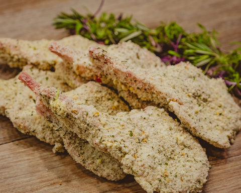 Marsh Butcheries Trimmed grass-fed Kiewa Valley lamb cutlets in a parsley and ciabatta crumb.